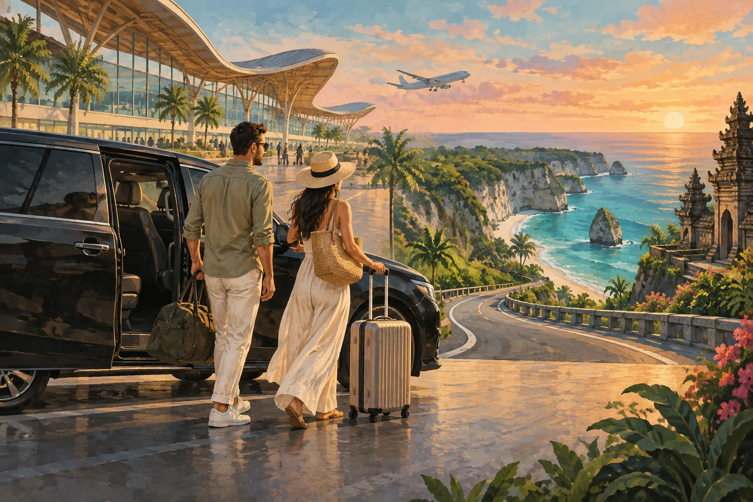 Editorial illustration of travellers with luggage planning a transfer from an airport to the coast