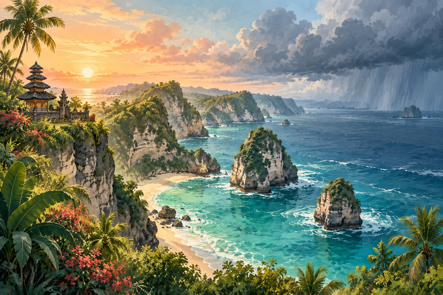 Editorial illustration contrasting sunshine and tropical rain over a limestone coast