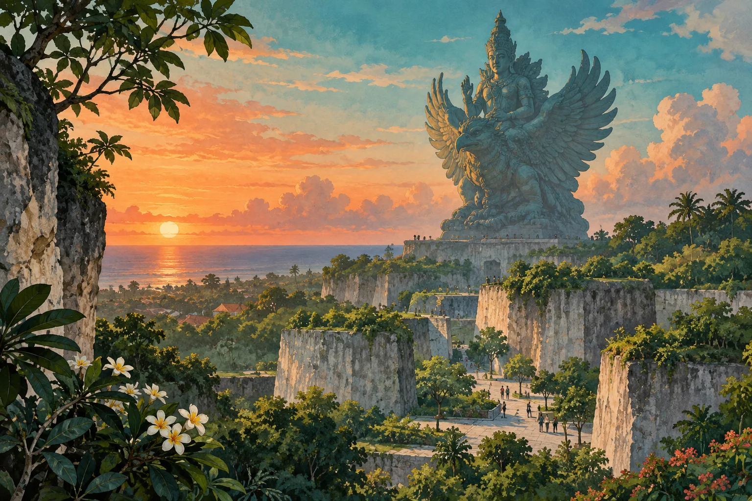 Artistic interpretation of the Garuda Wisnu Kencana landmark in a tropical landscape