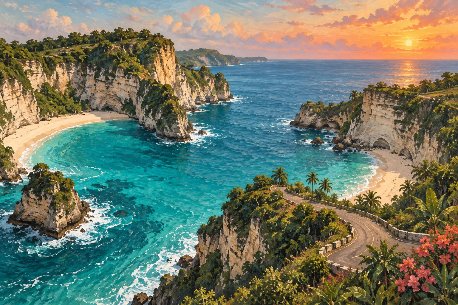Editorial illustration of two turquoise coves and limestone cliffs, inspired by the Bukit coast