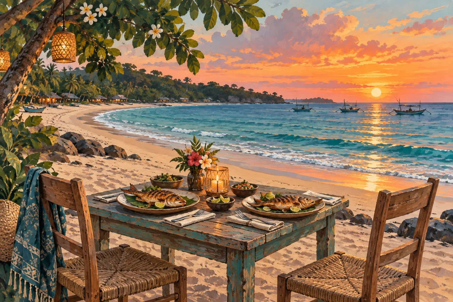 Editorial illustration of a seafood dinner overlooking a tropical bay at sunset