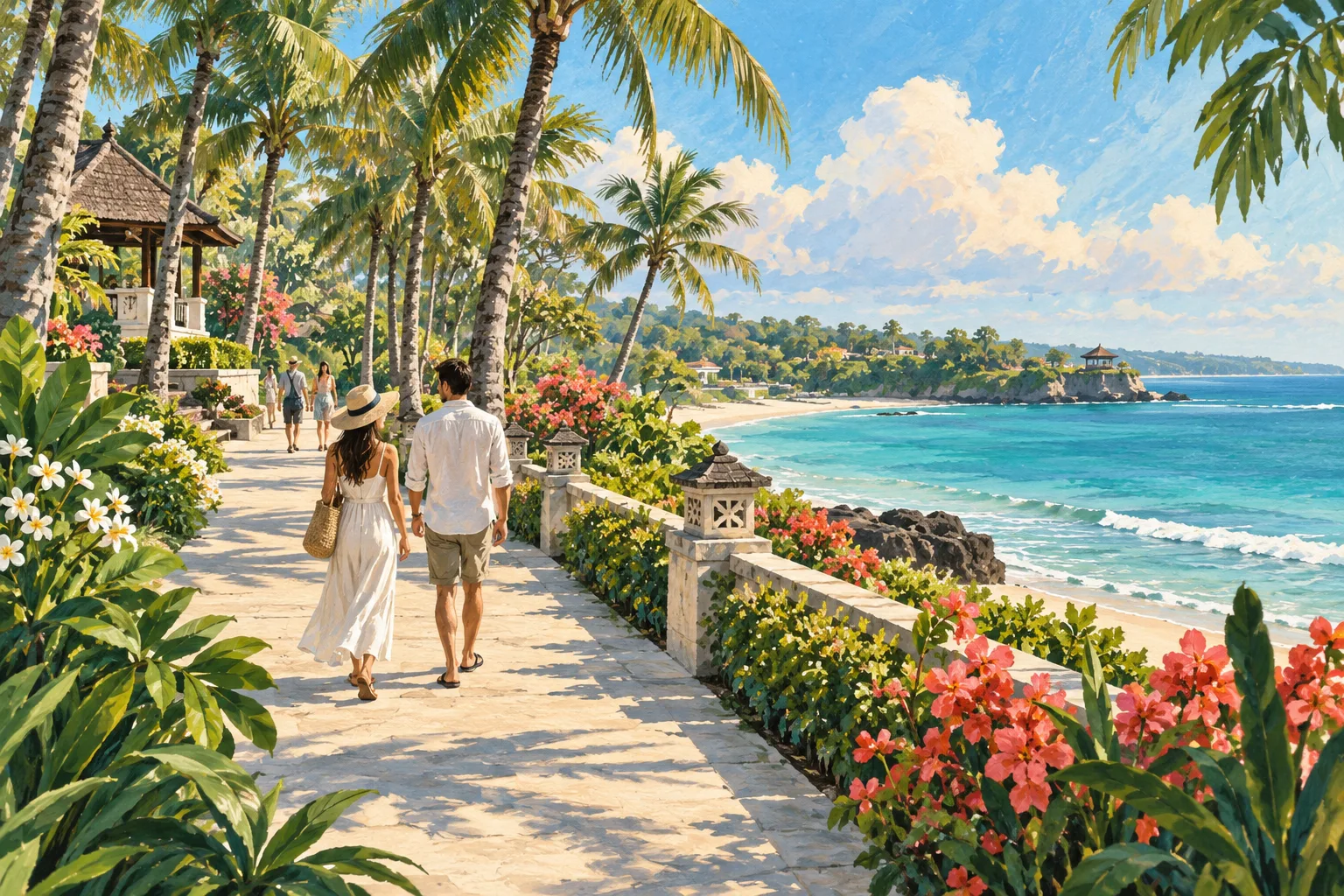 Editorial illustration of a palm-lined coastal promenade and a relaxed beach day