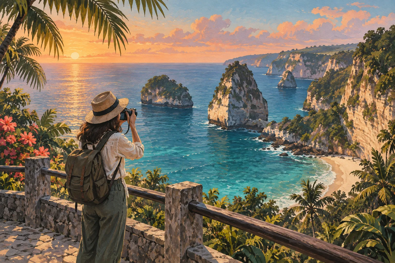 Editorial illustration of a traveller photographing the coast from behind a viewpoint barrier