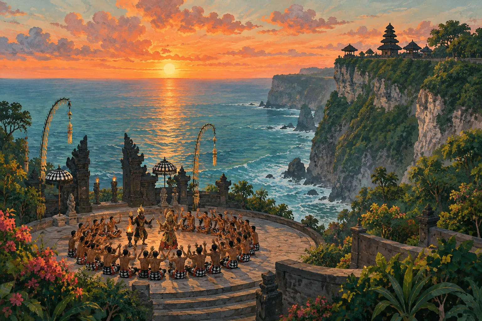 Editorial illustration of a Balinese clifftop temple and Kecak performance at sunset