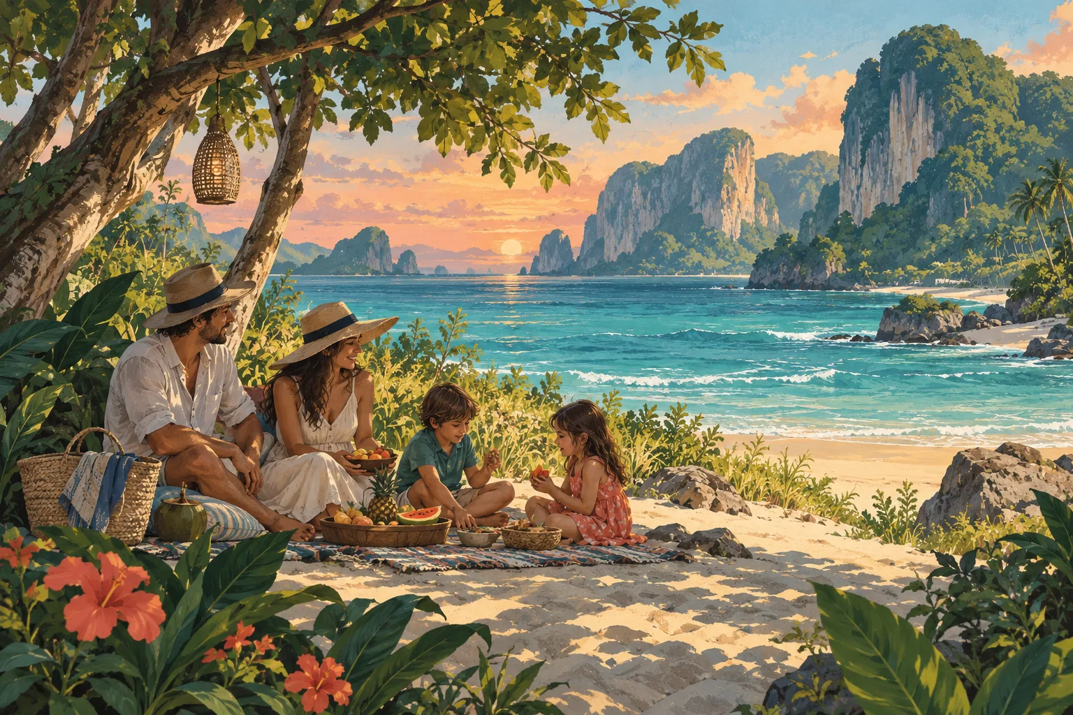 Editorial illustration of a supervised family picnic in the shade beside a tropical coast